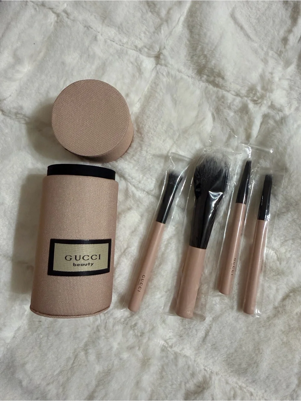 Gucci Pink-Beige Travel Makeup Brush Set with Case